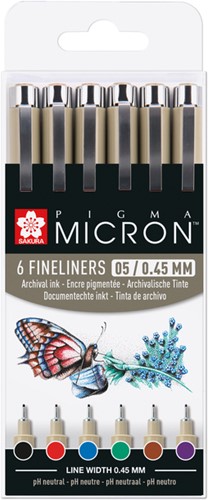 Fineliner Sakura Pigma Micron 05 basic 6 kleuren 6 Stuk