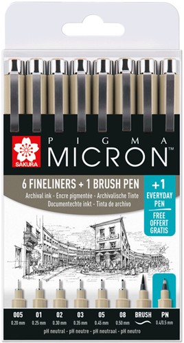 Fineliner Sakura PM 6 breedtes brushpen PN zwart 8 Stuk
