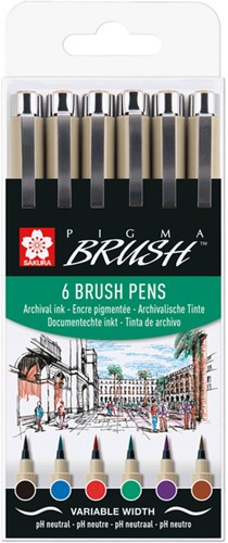 Brushpen Sakura Pigma Brush set 6 stuks zwart 6 Stuk