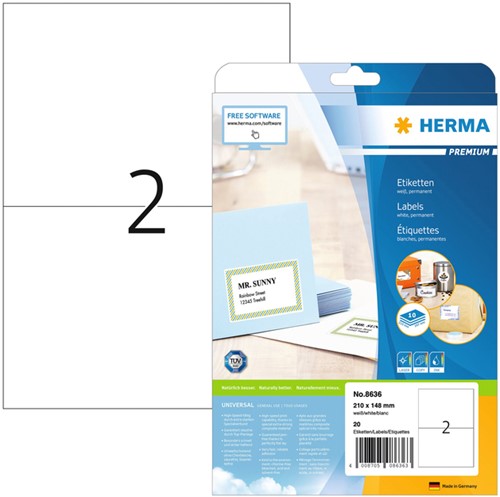 Etiket HERMA 8636 210x148mm A4 premium wit 20stuks 10 Vel