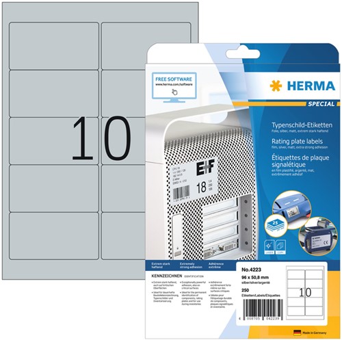 Etiket HERMA 4223 96x50.8mm folie zilver 250st 25 Vel