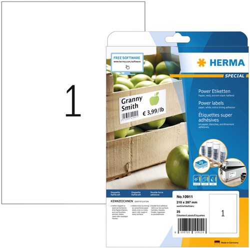 Etiket HERMA Power 10911 210x297mm wit 25stuks 25 Vel