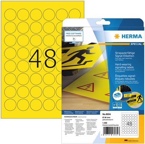 Etiket HERMA 8034 30mm rond 1200st geel 25 Vel