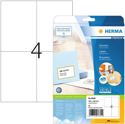 Etiket HERMA 8630 105x148mm premium wit 40stuks 10 Vel