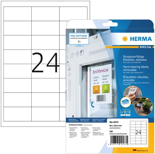 Etiket HERMA 4573 66x33.8mm folie wit 480st 20 Vel