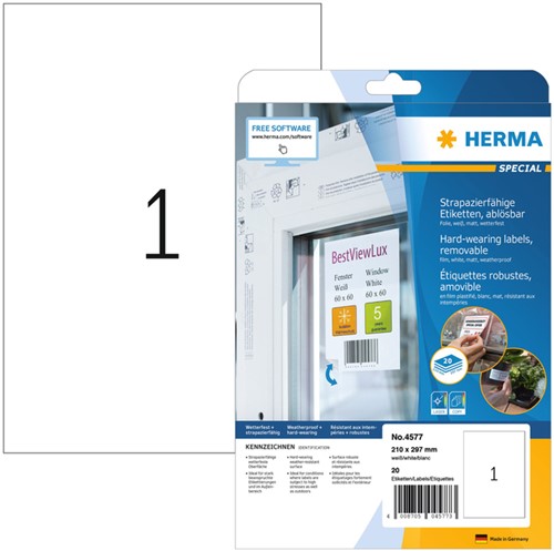 Etiket HERMA 4577 210x297mm A4 folie 20st wit 20 Vel