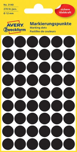 Etiket AZ 3140 rond 12mm zwart 270stuks 5 Vel