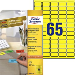 Etiket Avery L4793-20 38.1x21.2mm geel 1300st 20 Vel