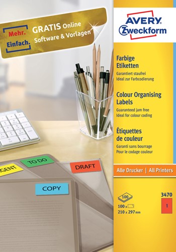 Etiket Avery 3470 210x297mm A4 rood 100st 100 Vel