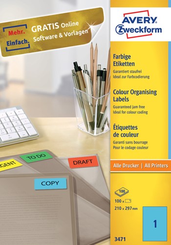 Etiket Avery 3471 210x297mm A4 blauw 100st 100 Vel