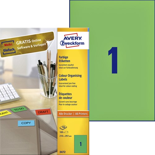 Etiket Avery 3472 210x297mm A4 groen 100st 100 Vel