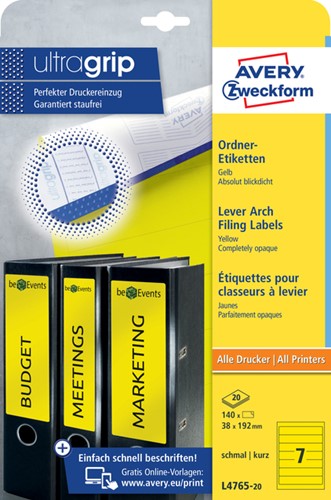 Rugetiket Avery smal 38x192mm zelfklevend geel 20 Vel