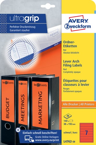Rugetiket Avery smal 38x192mm zelfklevend rood 20 Vel