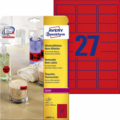 Etiket Avery L6003-25 63.5x29.6 neon rood 675stuks 25 Vel