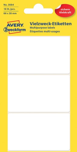 Etiket Avery 3084 66x38mm wit 18st 6 Vel