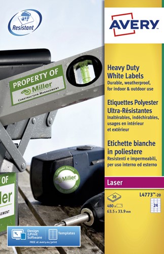 Etiket Avery L4773-20 63.5x33.9mm wit 480stuks 20 Vel