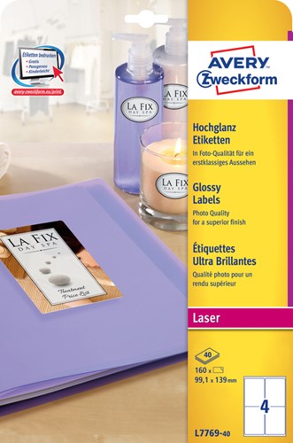 Etiket Avery L7769-40 99.1x139mm glans wt 160stuks 40 Vel