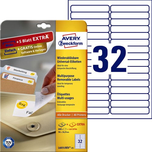Etiket Avery L6031REV-25 96x16.9mm wit 800st 25 Vel