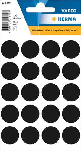 Etiket HERMA 1879 rond 19mm zwart 100stuks 5 Vel