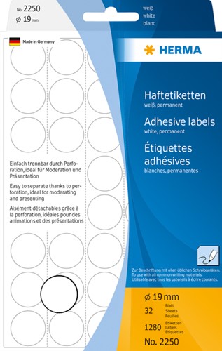 Etiket HERMA 2250 rond 19mm wit 1280stuks 32 Vel
