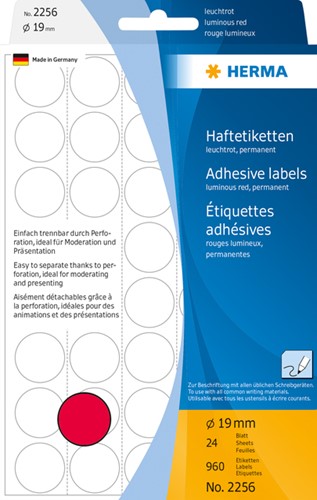 Etiket HERMA 2256 rond 19mm fluor rood 960st 24 Vel