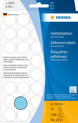Etiket HERMA 2253 rond 19mm blauw 1280stuks 32 Vel