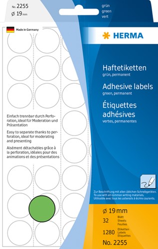 Etiket HERMA 2255 rond 19mm groen 1280stuks 32 Vel