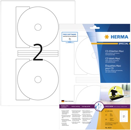 Etiket HERMA 8624 CD 116mm wit opaqua 20stuks 10 Vel