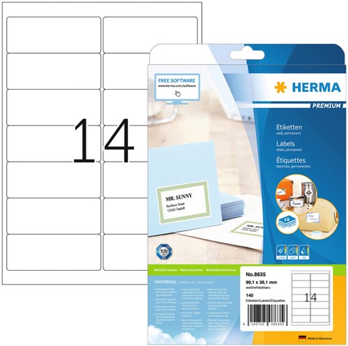 Etiket HERMA 8635 99.1x38.1mm premium wit 140stuks 10 Vel