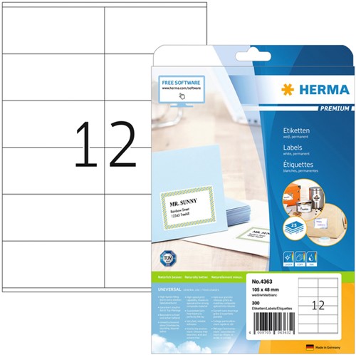 Etiket HERMA 4363 105x48mm premium wit 300stuks 25 Vel