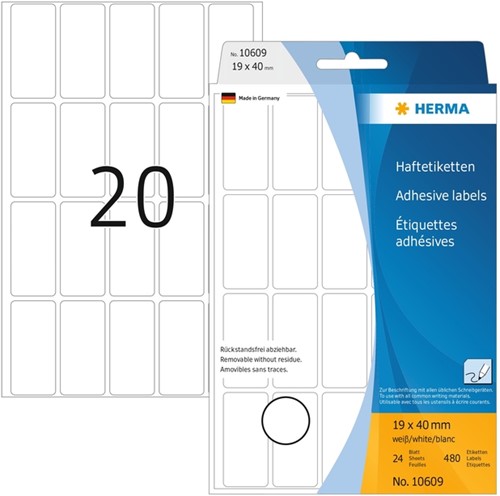 Etiket HERMA 10609 19x40mm verwijderb 480etiketten 24 Vel