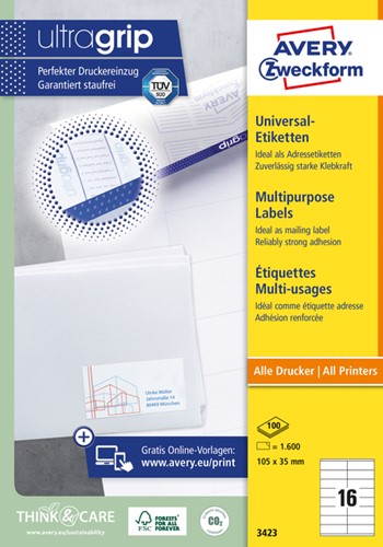 Etiket AZ 3423 105x35mm wit 1600stuks 100 Vel