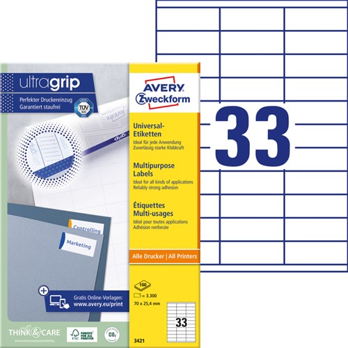 Etiket Avery 3421 70x25.4mm wit 3300st 100 Vel-2