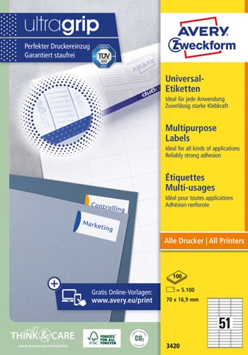 Etiket Avery 3420 70x16.9mm wit 5100st 100 Vel