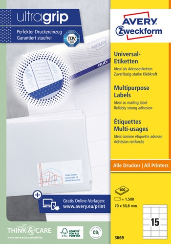 Etiket Avery 3669 70x50.8mm wit 1500st 100 Vel