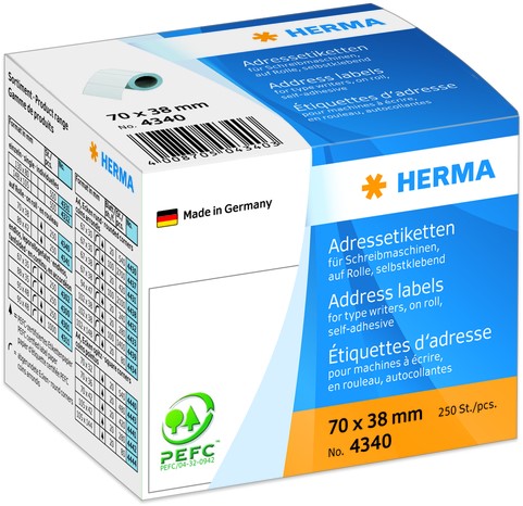 Etiket HERMA adres 4340 70x38mm wit 250st op rol 250 etiket