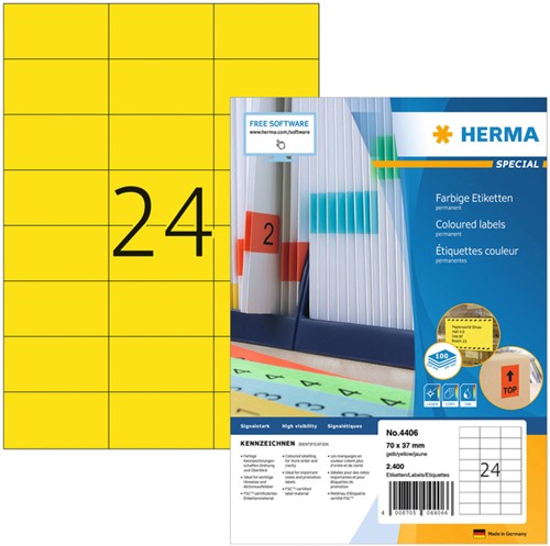 Etiket HERMA 4406 70x37mm geel 2400st 100 Vel
