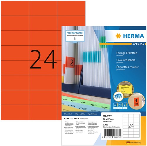 Etiket HERMA 4407 70x37mm rood 2400st 100 Vel