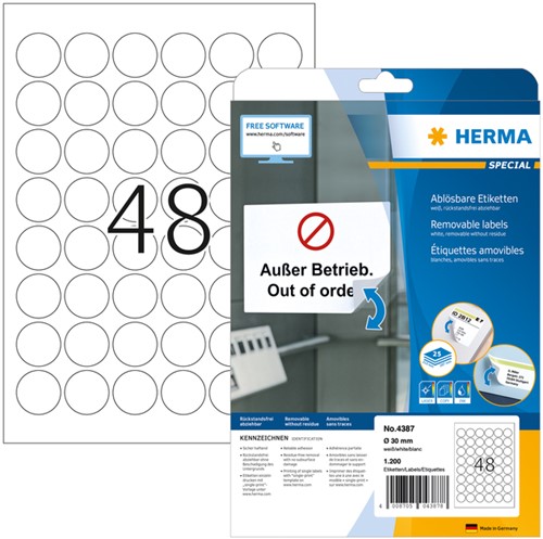 Etiket HERMA 4387 rond 30mm verwijderb wit 1200st 25 Vel