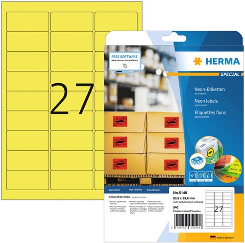 Etiket HERMA 5140 63.5x29.6mm neon geel 540st 20 Vel