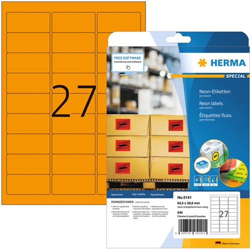 Etiket HERMA 5141 63.5x29.6mm neon oranje 540st 20 Vel