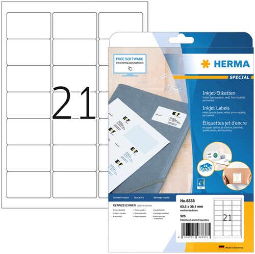 Etiket HERMA 8838 63.5x38.1mm mat wit 525st 25 Vel