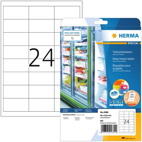 Etiket HERMA 4389 66x33.8mm diepvries wit 600st 25 Vel