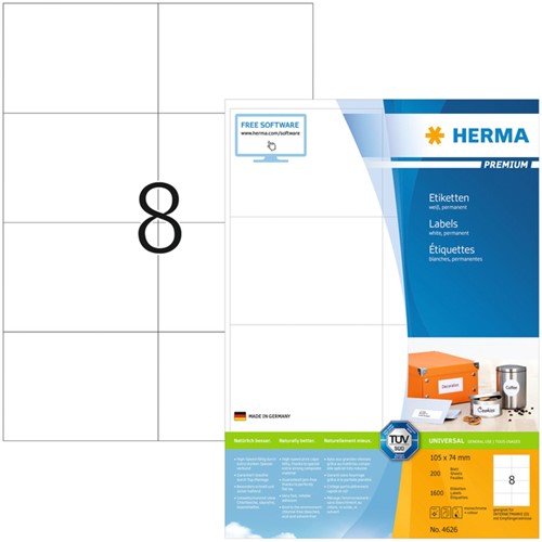 Etiket HERMA 4626 105x74mm premium wit 1600stuks 200 Vel