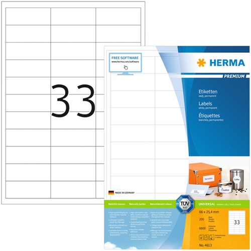 Etiket HERMA 4613 66x25.4mm premium wit 6600stuks 200 Vel
