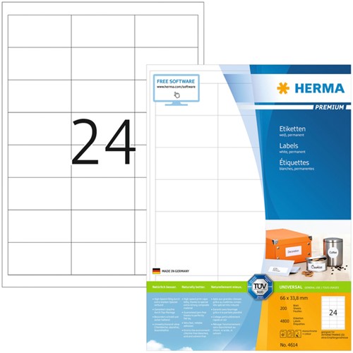 Etiket HERMA 4614 66x33.8mm premium wit 4800st 200 Vel