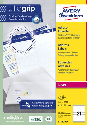 Etiket Avery L7160-100 63.5x38.1mm wit 2100stuks 100 Vel