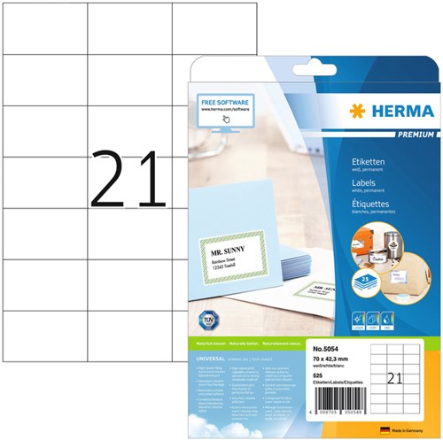 Etiket HERMA 5054 70x42.3mm premium wit 525stuks 25 Vel