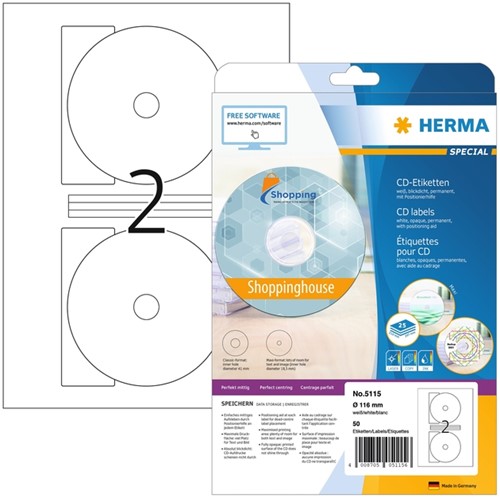 Etiket HERMA 5115 CD 116mm wit 50st 25 Vel