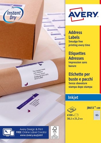 Etiket Avery J8651-100 38.1x21.2mm wit 6500stuks 100 Vel